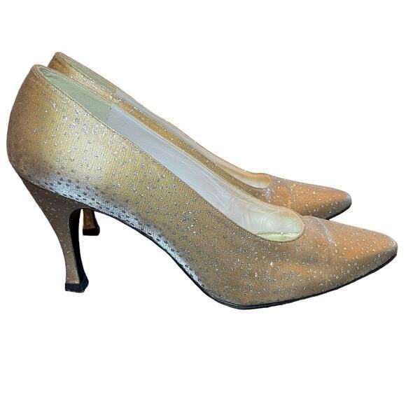 Vintage‎ Stuart Weitzman for Neiman Marcus Champagne Gold & Silver Glitter Pumps - Picture 1 of 14
